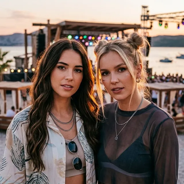 Two people standing together at an outdoor festival at sunset, with a lit stage, the sea and a crowd behind them
